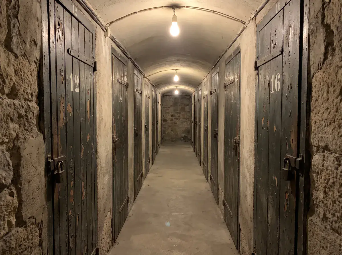 Couloir de caves numérotées en sous-sol d'un immeuble parisien géré par un syndic