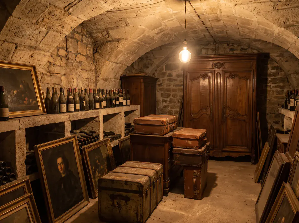 Cave parisienne avec mobilier ancien et malles lors d'un débarras de succession à Paris