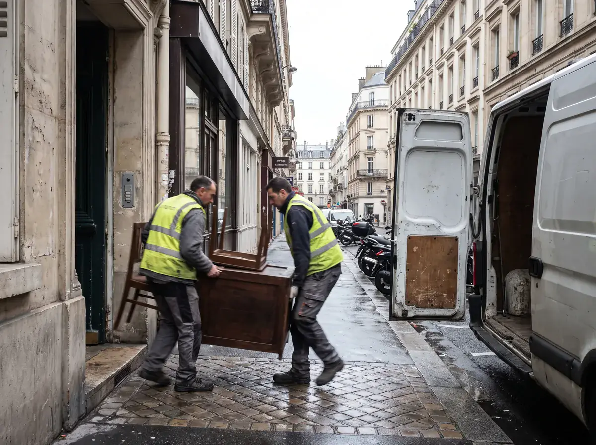 Équipe de débarras en intervention urgente chargeant un camion dans une rue de Paris