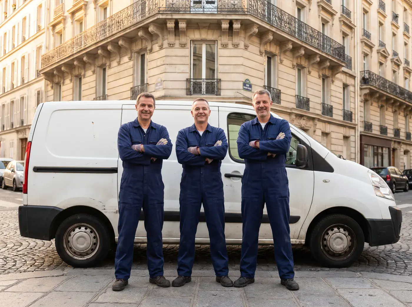 L'équipe Débarras Cave Paris devant son camion dans une rue de Paris